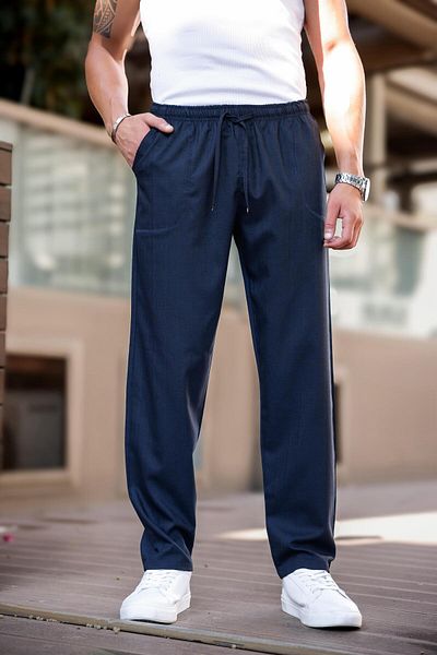 hello7 Men's Black Elastic Waist Lace up Straight Leg Lycra Comfortable Fit Loose Cut Trousers