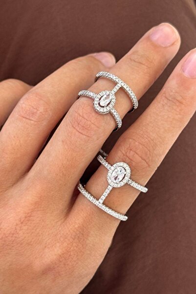 TAKIŞTIR خاتم بتصميم مزدوج مزين بالأحجار الكريمة باللون الفضي