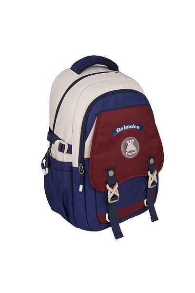Relaxion New Season Imported Premium School Backpack with Pen Holder Cream-Navy Blue-Burgundy 1511