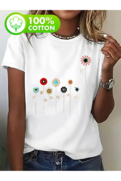 İSMTEXS Sıfır Yaka Ünisex Basik Kısa Kol Rüzğar Gülü Temalı Baskılı Penye T-Shirt