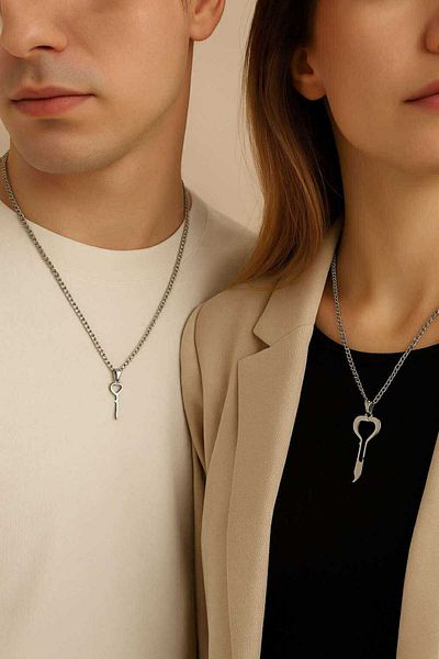Herşey Nota Lock and Key Double Couple Necklace – Stainless Steel Lover Necklace |   Unisex Combination Jewelry