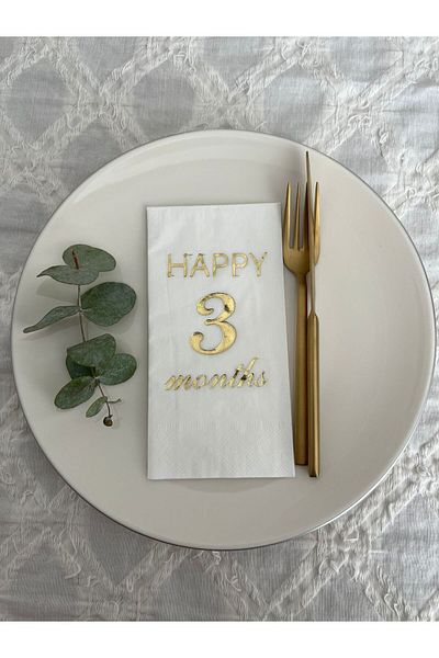kidspartim Gold Gilded White Happy 3 Years Months Waiter Folded Napkin 16 Pieces
