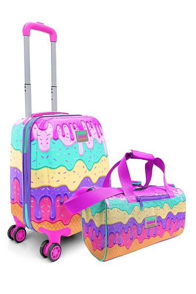 Coral High Girl's Multicolor Ice Cream Patterned Children's Suitcase and Travel/Sports Bag Set
