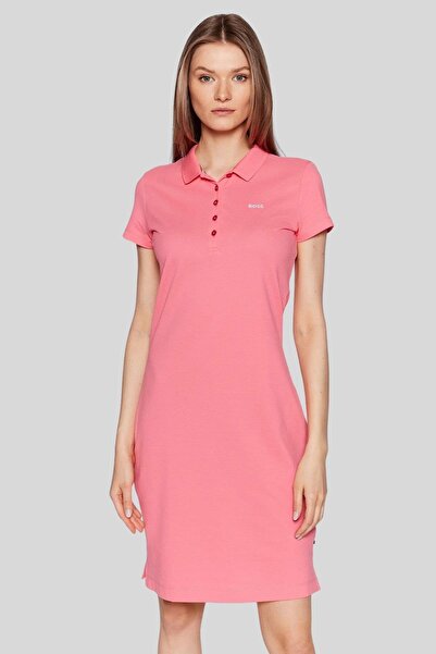 BOSS Pamuklu Kadın Polo Yaka Elbise Pembe