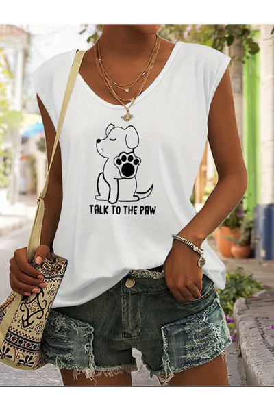 FUFLUNS تي شيرت نسائي بدون أكمام مطبوع عليه TALK TO PAW