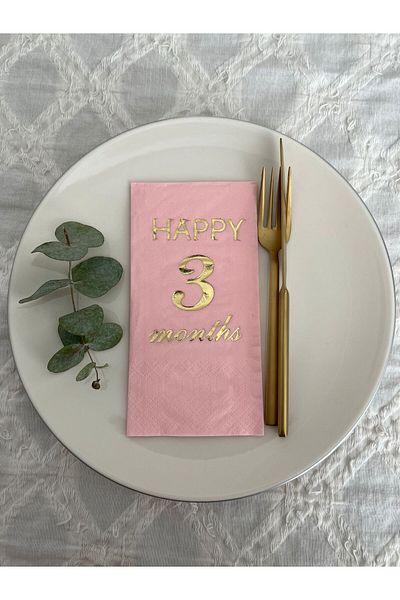 kidspartim Gold Gilded Pink Happy 3 Years Months Waiter Folded Napkin 16 Pieces