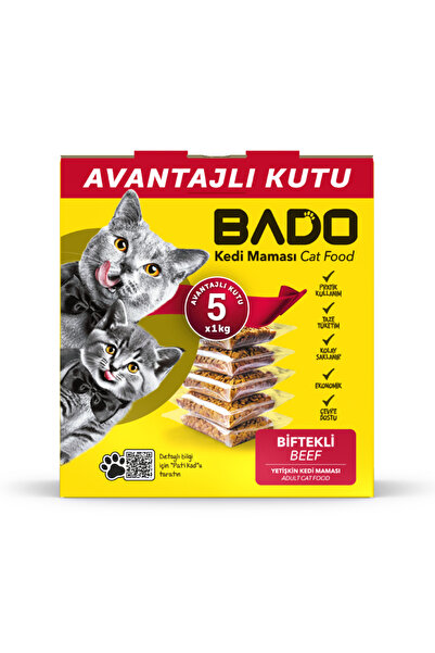 BADO PREMIUM PET FOODS Premium dry cat food with beef 5×1kg, BADO, balanced formula, box with handle