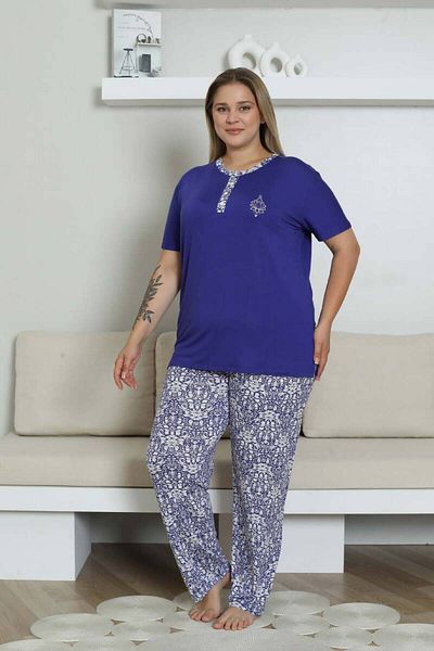 ALİMER Σετ πιτζάμες σε μεγάλο μέγεθος - Saks Blue Ethnic Print κοντομάνικο Lycra Rink Viscose 2865KYB
