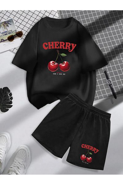 COHERENT Unisex Women/Men Black Colored Cherry Custom Printed Shorts T-Shirt Set