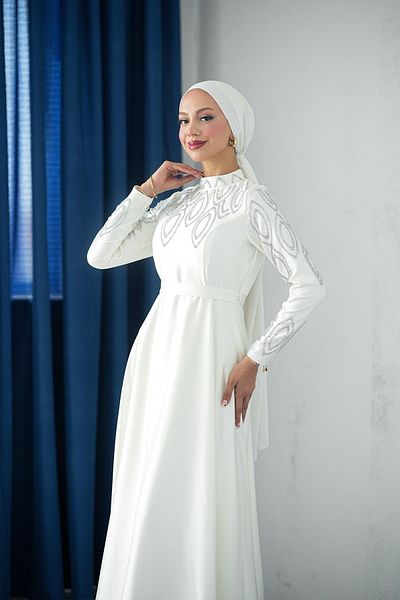 hakimoda Hijab Nihan Satin Evening Dress Ecru