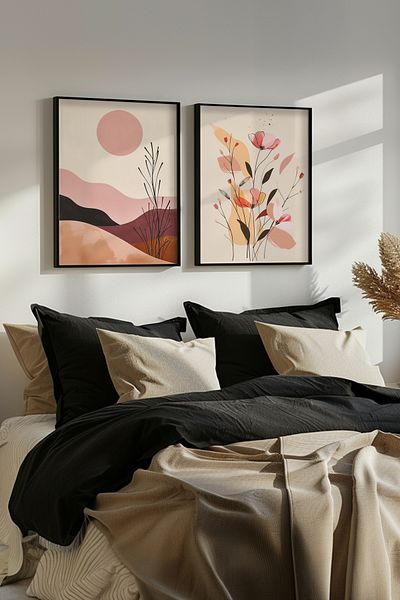STARYUNA Set of 2 Boho Paintings with Black Wooden Frame Yuna1