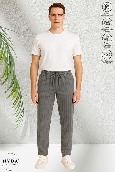 Nyda Collections Men's Crepe Fabric Striped Seasonal Pocket Elastic Waist Lace-Up Trousers