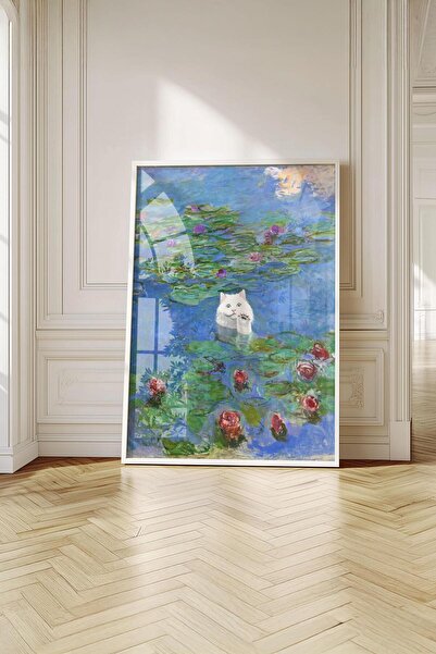 Buka Shops Monet Nilüferler Kedili Sanat Tablosu - Beyaz Çerçeveli