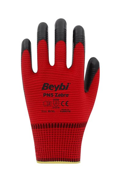 Beybi Pn5 Zebra Red Nitrile Coated Work Gloves - Pack of 12 |   High Durability & Safe Grip