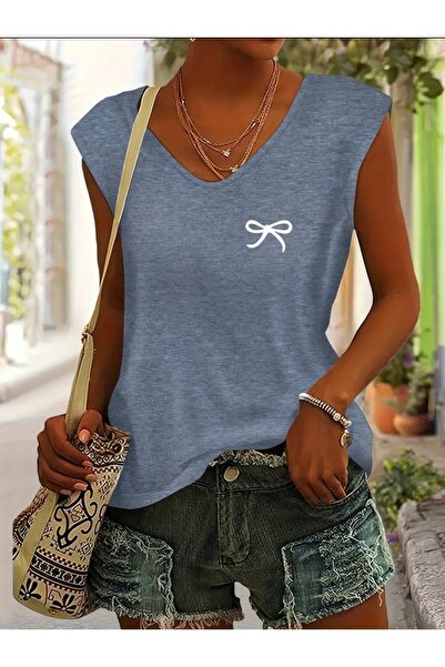 FUFLUNS تي شيرت نسائي كبير الحجم بدون أكمام مطبوع بشريط