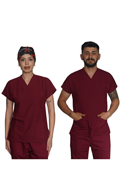Marka LİKRALI UNİSEX HEMŞİRE VE DOKTOR TEK ÜST ÜNİFORMA BORDO