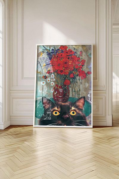 Buka Shops Pictură de artă Van Gogh cu flori roșii și pisică neagră - cu cadru alb