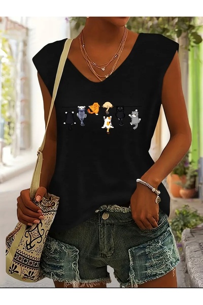 FUFLUNS تي شيرت نسائي بدون أكمام مطبوع عليه قطة صغيرة