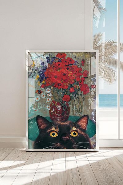 Buka Shops Pictură de artă Van Gogh cu flori roșii și pisică neagră - cu cadru alb