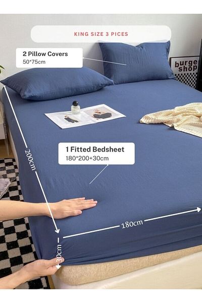 LUNA HOME 3 Pieces Fitted Bedsheet Set, Washable Cotton, Blue Color, King size.
