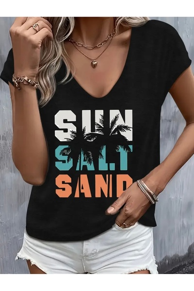 FUFLUNS تي شيرت نسائي مطبوع عليه رمال ملح الشمس