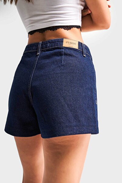 its basic Kadın İndigo Renk 7s5-50 Midi Boy Önden Cepli Rahat Kesim %100 Koton Denim Şort