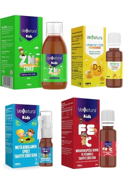 VeNatura Kids B12 Metilkobalamin 5 ml-Venatura Vitamin D3 Damla 20 ml-Venatura Kids Çinko Şurup 100