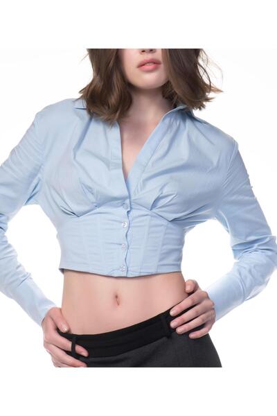 Appleline Kadın Crop Korse Detaylı Poplin Mavi Gömlek
