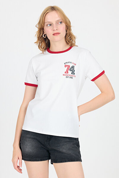 Rays تي شيرت أبيض مطبوع عليه نص عادي بتفاصيل مضلعة 6325