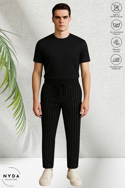 Nyda Collections Men's Crepe Fabric Striped Seasonal Pocket Elastic Waist Lace-Up Trousers