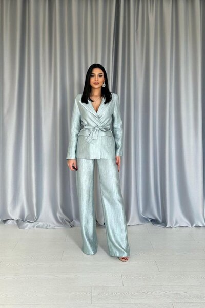 Ekince Mint Waist Belted Jacket and Trousers Shiny Set