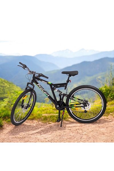 PROCART Bicicletă MTB cu suspensie completă, roți de 26 inch, 21 de viteze, frâne mecanice pe disc, cric