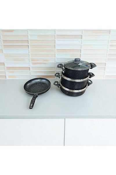 ENASHOP 7 Piece Granite Cookware Set |   20-24-26-26cm |   Fireproof Non-Stick |   Pan + Deep/Shallow Pot |   Dowry