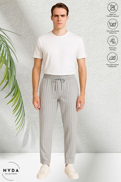 Nyda Collections Men's Crepe Fabric Striped Seasonal Pocket Elastic Waist Lace-Up Trousers