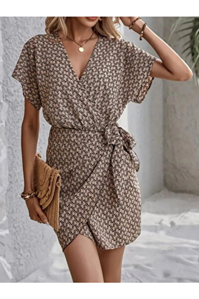 Genel Markalar Önden Bağlamalı Desenli Süprem Elbise