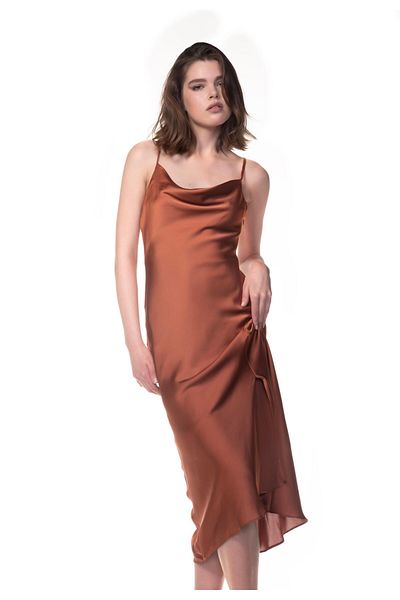 Appleline Cinnamon Color Satin Strap Evening Dress