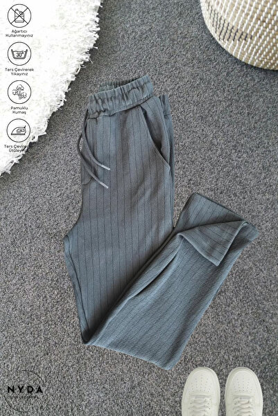Nyda Collections Men's Crepe Fabric Striped Seasonal Pocket Elastic Waist Lace-Up Trousers