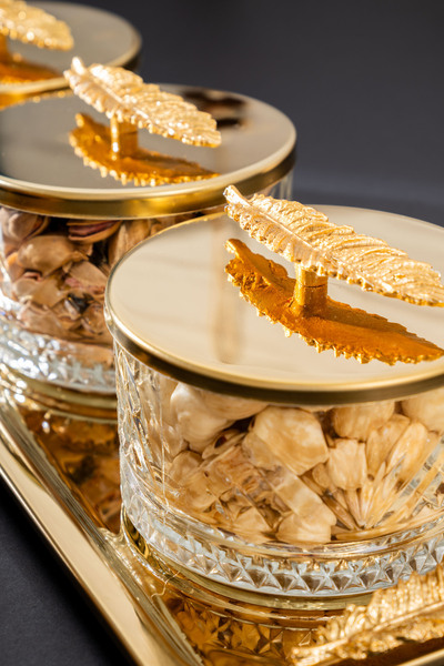 Homekolik 7 Piece Glass Snack Set with Lid – Metal Tray with Gold Leaf Detail