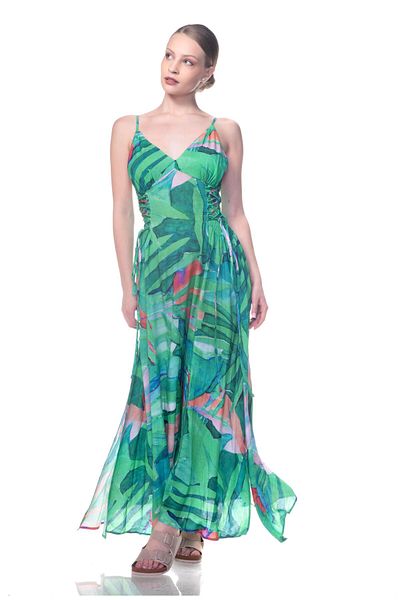 Appleline Summer Back Detailed Slit Strap Green Viscose Patterned Dress