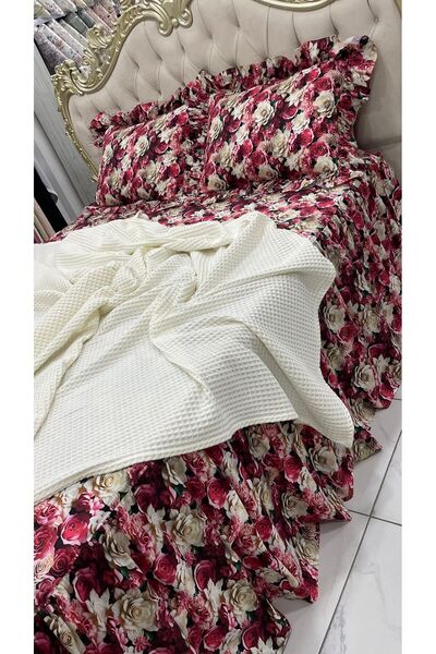 AHSEN TASARIM Fitted Sheet with Ruffles, Two Pillowcases and Pique, Suitable ...
