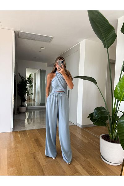 My Blog Set pantaloni bustier cu cravată albastră