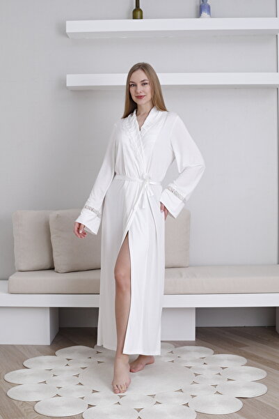 Lohussa Women's Ecru Shawl Collar Special Design Lace Detailed Cotton Flexible Dressing Gown