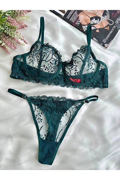 Koyu Yeşil Dantelli Brode Iç Çamaşır Takımı Bralette (Balenli Sütyen &Tanga)