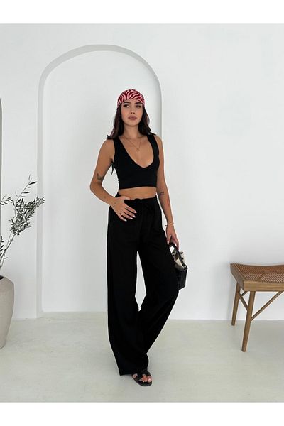 Ozy Fashion Black 100% Cotton Lace-Up Wide Leg Linen Trousers
