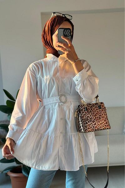 HİFADEN Women's Layered Hijab Shirt with Belt and Stone Button Detail