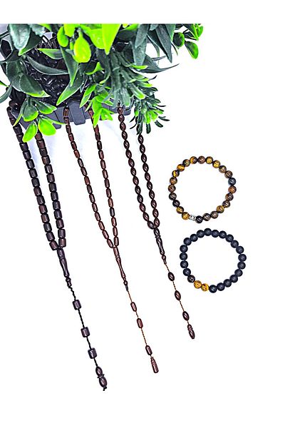 Lio20 German Fiber and 2 Kuka Prayer Beads + Onyx Stone Tiger's Eye & Classic Tiger's Eye Bracelet 5-Piece Combination Set