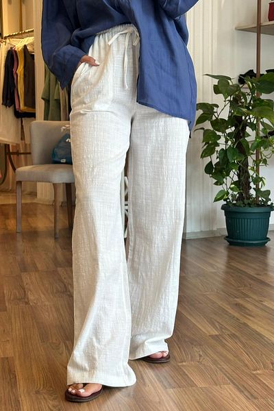 Unique Boutique White Wide Leg Linen Trousers with Elastic Waist and Laces