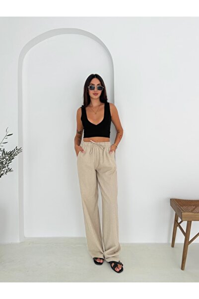 Ozy Fashion Beige 100% Cotton Lace-Up Wide Leg Linen Trousers