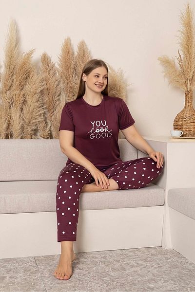 GUAVA+ Gloria Bordo Polka Dot Patterned Printed Plus Size Women's Short Sleeve Pajama Set