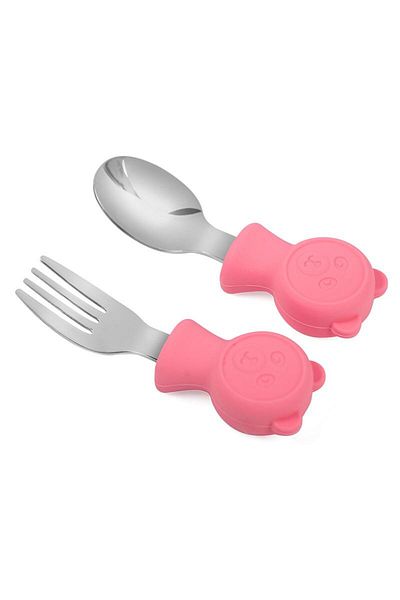 Chavin 304 Steel Pink Teddy Bear Model Baby Spoon and Fork Set Cin766Pm